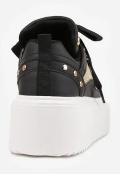 Czarne Sneakersy na Platformie Ozdobione Nitami i Metalicznymi Elementami Azista