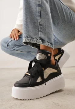 Czarne Sneakersy na Platformie Ozdobione Nitami i Metalicznymi Elementami Azista