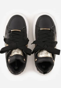 Czarne Sneakersy na Platformie Ozdobione Nitami i Metalicznymi Elementami Azista