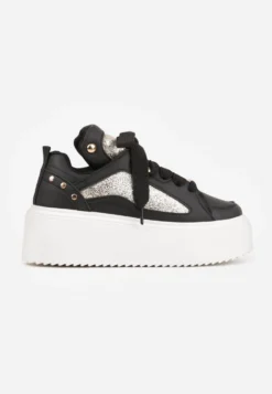 Czarne Sneakersy na Platformie Ozdobione Nitami i Metalicznymi Elementami Azista