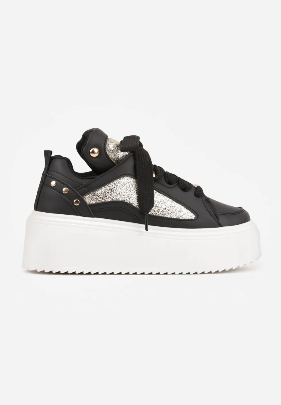 Czarne Sneakersy na Platformie Ozdobione Nitami i Metalicznymi Elementami Azista