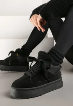 Czarne Sneakersy na Platformie ze Sznurowaniem Ozdobione Futerkiem Vaivelle