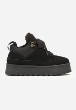 Czarne Sneakersy na Platformie ze Sznurowaniem Ozdobione Futerkiem Vaivelle