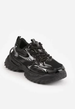 Czarne Sneakersy na Platformie Typu Chunky Ozdobione Geometrycznym Wzorem Sawia