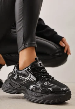 Czarne Sneakersy na Platformie Typu Chunky Ozdobione Geometrycznym Wzorem Sawia