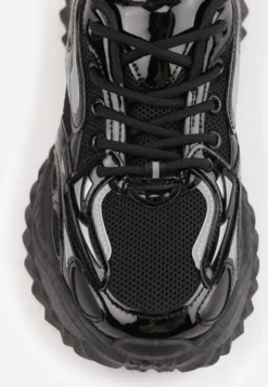 Czarne Sneakersy na Platformie Typu Chunky Ozdobione Geometrycznym Wzorem Sawia