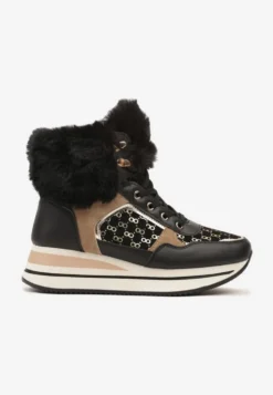 Czarne Sneakersy na Platformie z Metalicznymi Wstawkami i Futerkiem Miavora