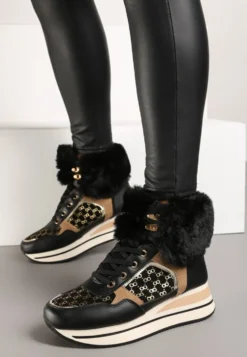 Czarne Sneakersy na Platformie z Metalicznymi Wstawkami i Futerkiem Miavora
