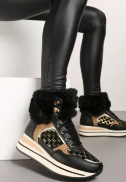 Czarne Sneakersy na Platformie z Metalicznymi Wstawkami i Futerkiem Miavora