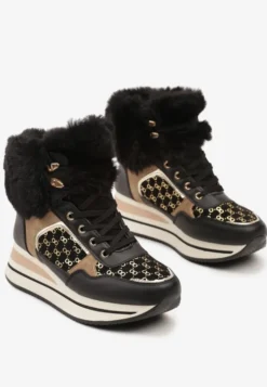 Czarne Sneakersy na Platformie z Metalicznymi Wstawkami i Futerkiem Miavora