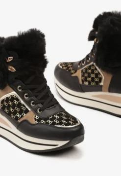 Czarne Sneakersy na Platformie z Metalicznymi Wstawkami i Futerkiem Miavora