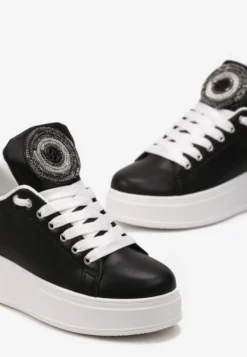Czarne Sneakersy na Platformie z Cyrkoniami na Szerokim Języku Esirel