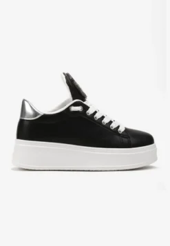 Czarne Sneakersy na Platformie z Cyrkoniami na Szerokim Języku Esirel