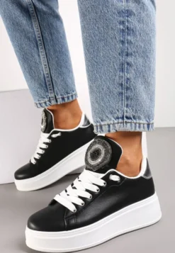 Czarne Sneakersy na Platformie z Cyrkoniami na Szerokim Języku Esirel