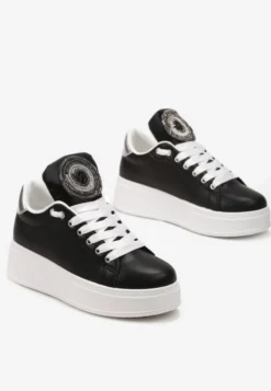 Czarne Sneakersy na Platformie z Cyrkoniami na Szerokim Języku Esirel
