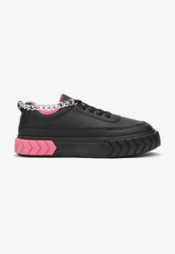 Czarne Sneakersy na Tłoczonej Platformie Ozdobione Łańcuchem Jaihini