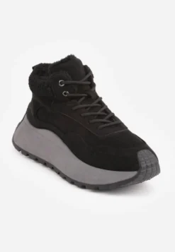 Czarne Sneakersy Śniegowce Vices na Platformie Ozdobione Napisem i Futerkiem Lanite