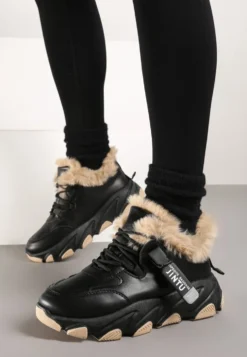 Czarne Sneakersy Przed Kostkę na Płaskiej Grubej Podeszwie z Ociepleniem ze Sztucznego Futerka Borrolla