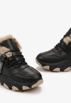 Czarne Sneakersy Przed Kostkę na Płaskiej Grubej Podeszwie z Ociepleniem ze Sztucznego Futerka Borrolla