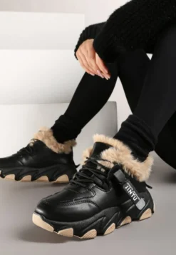 Czarne Sneakersy Przed Kostkę na Płaskiej Grubej Podeszwie z Ociepleniem ze Sztucznego Futerka Borrolla