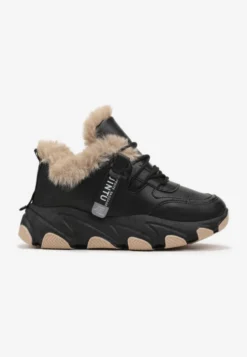 Czarne Sneakersy Przed Kostkę na Płaskiej Grubej Podeszwie z Ociepleniem ze Sztucznego Futerka Borrolla