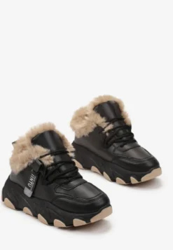 Czarne Sneakersy Przed Kostkę na Płaskiej Grubej Podeszwie z Ociepleniem ze Sztucznego Futerka Borrolla