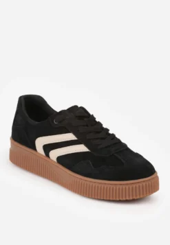 Czarne Sneakersy Retro Tenisówki z Naturalnego Zamszu ze Skórzaną Wkładką Beralene