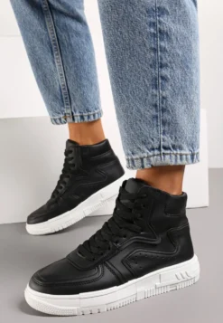 Czarne Sneakersy Sznurowane za Kostkę na Płaskiej Podeszwie Gitaria