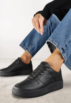 Czarne Sneakersy Sznurowane na Grubej Podeszwie Taleith