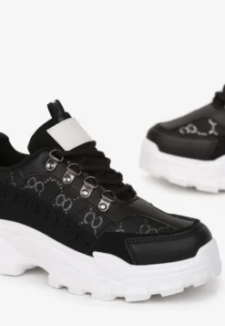 Czarne Sneakersy Sznurowane z Zaokrąglonym Noskiem na Grubej Podeszwie Alaiad