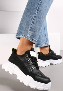 Czarne Sneakersy Sznurowane z Zaokrąglonym Noskiem na Grubej Podeszwie Alaiad