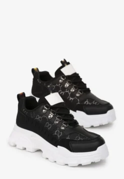 Czarne Sneakersy Sznurowane z Zaokrąglonym Noskiem na Grubej Podeszwie Alaiad