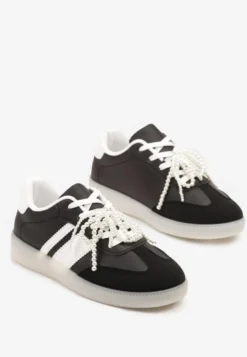 Czarne Sneakersy Typu Kultowe Tenisówki ze Zdobieniem z Perłami Nalavia