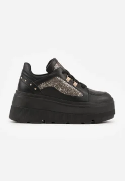 Czarne Sneakersy VICES na Koturnie z Brokatowymi Wstawkami Morinatea