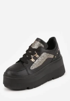 Czarne Sneakersy VICES na Koturnie z Brokatowymi Wstawkami Morinatea