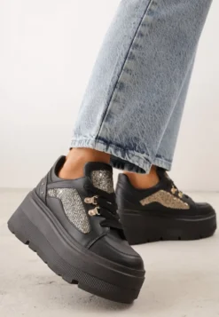 Czarne Sneakersy VICES na Koturnie z Brokatowymi Wstawkami Morinatea