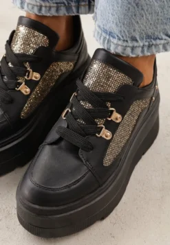 Czarne Sneakersy VICES na Koturnie z Brokatowymi Wstawkami Morinatea