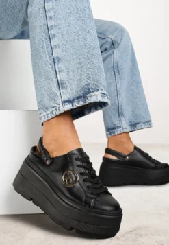 Czarne Sneakersy Vices na Platformie z Tłoczeniem Paskiem na Pięcie i Metaliczną Aplikacją Selfedi