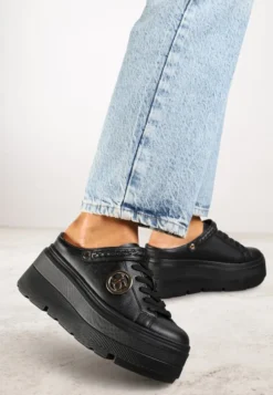 Czarne Sneakersy Vices na Platformie z Tłoczeniem Paskiem na Pięcie i Metaliczną Aplikacją Selfedi
