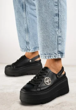 Czarne Sneakersy Vices na Platformie z Tłoczeniem Paskiem na Pięcie i Metaliczną Aplikacją Selfedi