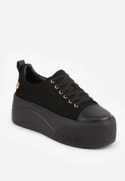 Czarne Sneakersy VICES na Platformie z Metaliczną Aplikacją i Napisem Beli