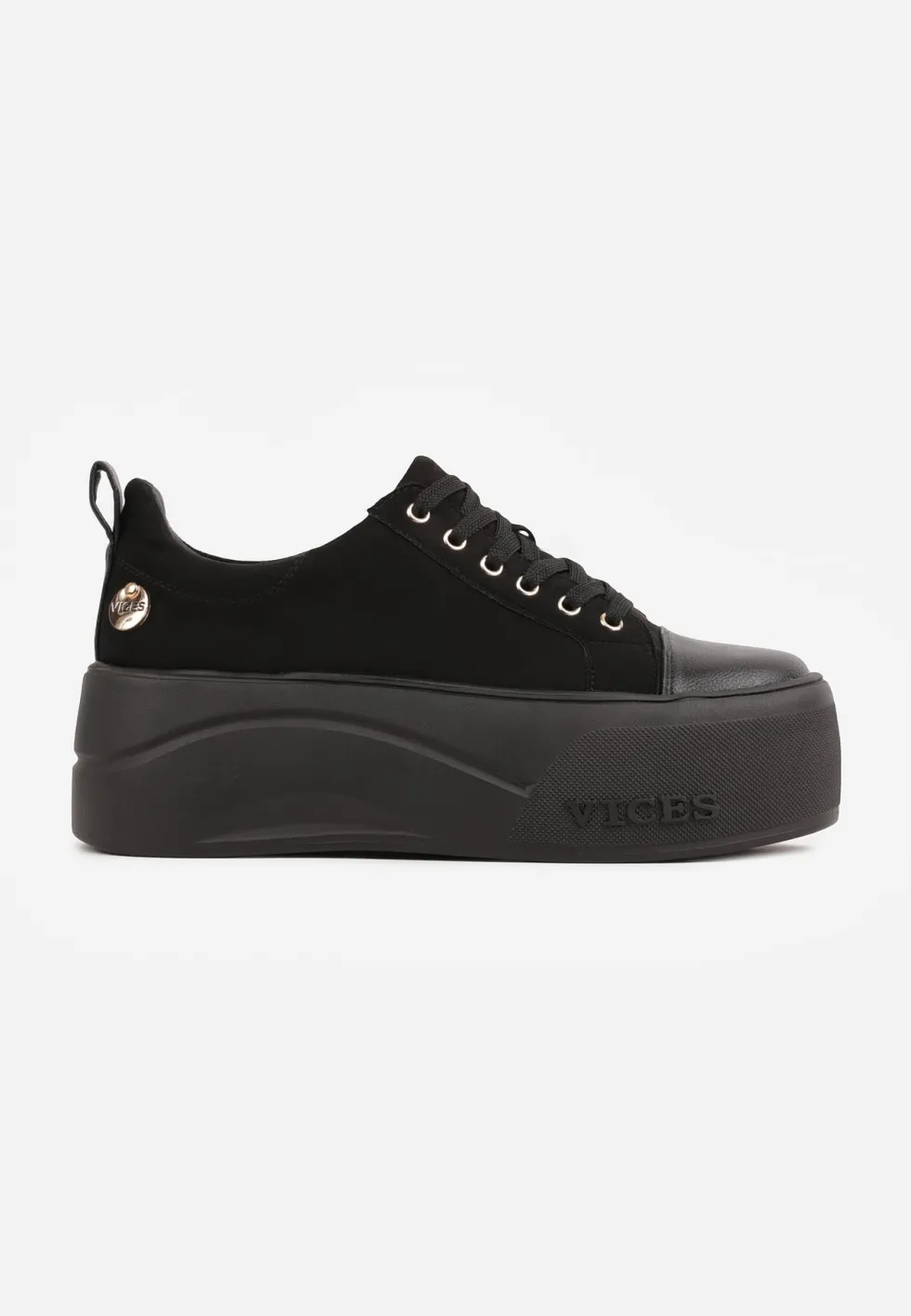 Czarne Sneakersy VICES na Platformie z Metaliczną Aplikacją i Napisem Beli