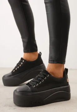 Czarne Sneakersy VICES na Platformie z Metaliczną Aplikacją i Napisem Beli