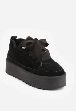 Czarne Sneakersy Vices Stylizowane na Śniegowce na Platformie Obszyte Futerkiem Naleris