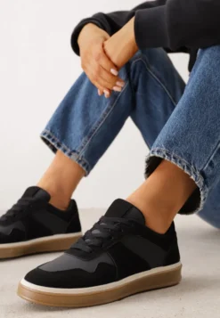 Czarne Sneakersy VICES w Stylu Basic ze Wstawkami z Imitacji Nubuku Akila