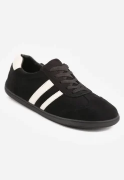 Czarne Sneakersy w Stylu Barefoot z Szerokim Noskiem z Imitacji Zamszu Ozdobione Paskami Canne