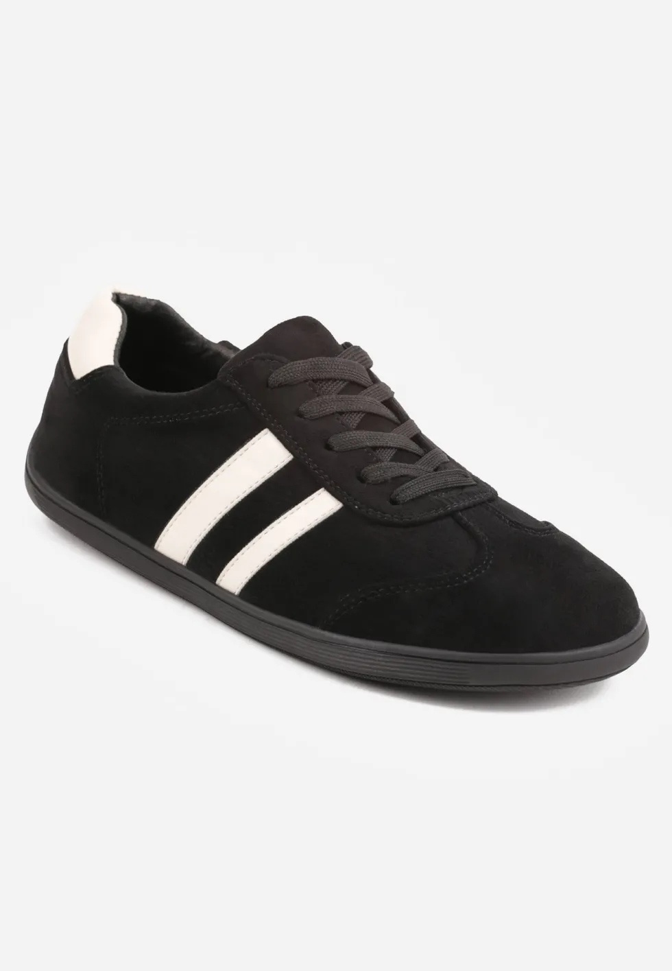 Czarne Sneakersy w Stylu Barefoot z Szerokim Noskiem z Imitacji Zamszu Ozdobione Paskami Canne