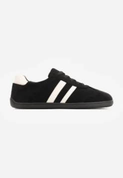 Czarne Sneakersy w Stylu Barefoot z Szerokim Noskiem z Imitacji Zamszu Ozdobione Paskami Canne