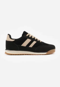 Czarne Sneakersy w Stylu Retro z Panelami z Imitacji Zamszu i Przeszyciami na Cholewce Scarfia