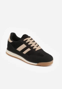 Czarne Sneakersy w Stylu Retro z Panelami z Imitacji Zamszu i Przeszyciami na Cholewce Scarfia